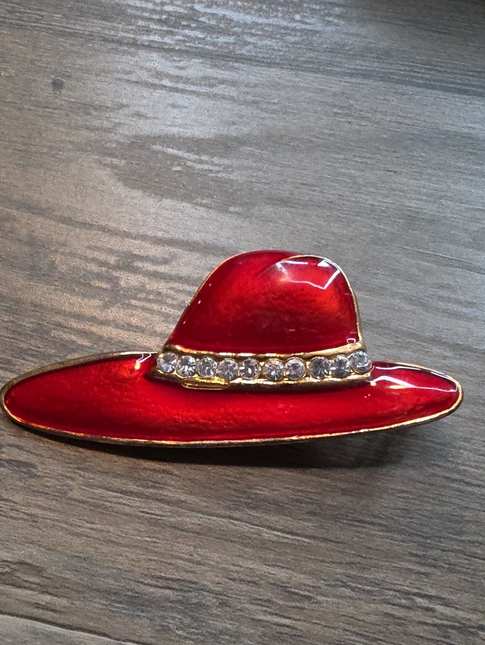 Source Unknown Red Enamel Wide-Brim Hat Brooch with Crystal Trim